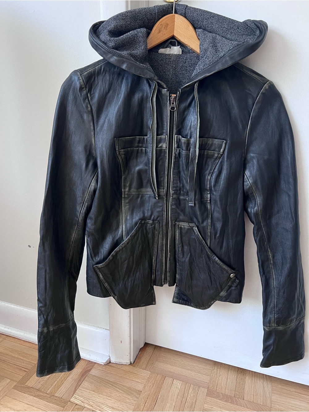 EVER Black Leather Hooded Zip-Up Jacket with Gray Hood Lining